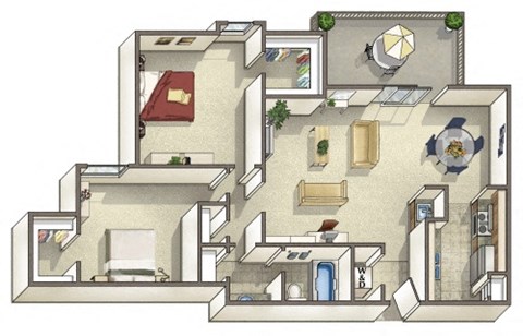 Floor plan for 2 beds, 1 bath, 1002 sqft